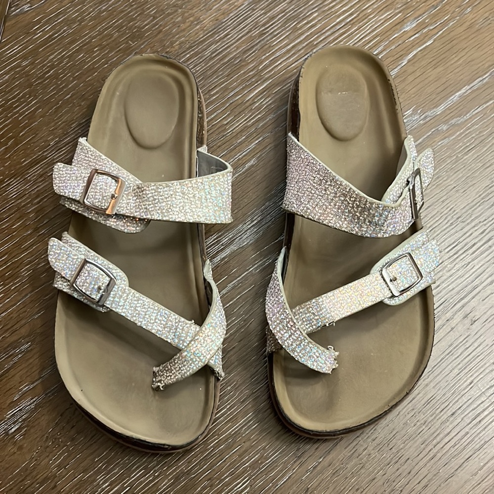 Wonder Nation Birkenstock type iridescent silver sandal womens 6/girls size 4